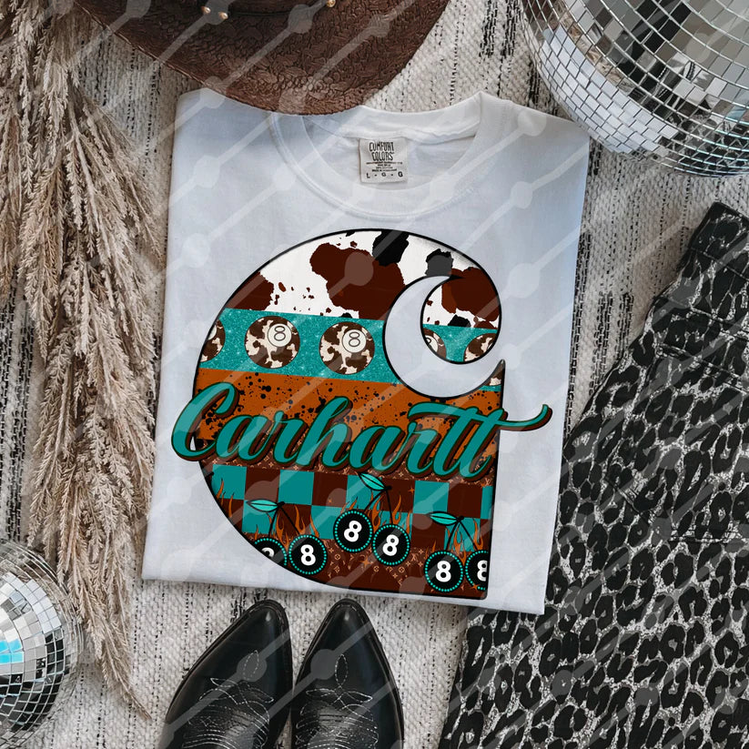 Western Graphic Tee – Turquoise Cowhide Print with 8 Ball & Flames