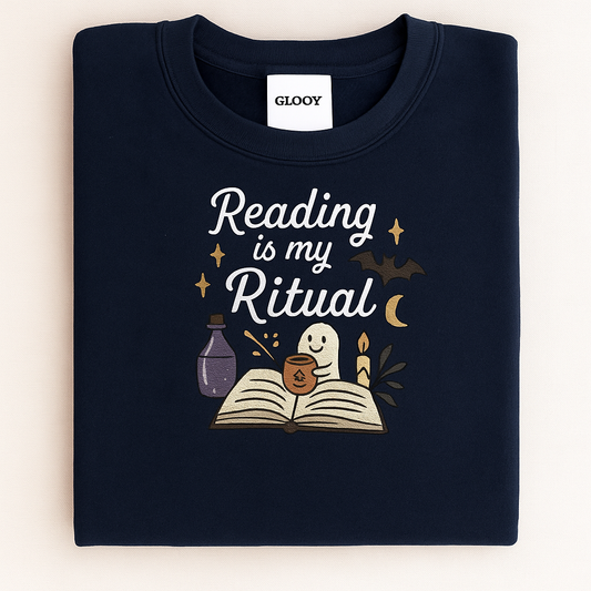 Reading Is My Ritual Ghost Embroidered Sweatshirt – Cozy Bookish Halloween Crewneck for Readers, Spooky Fall Book Lover Gift