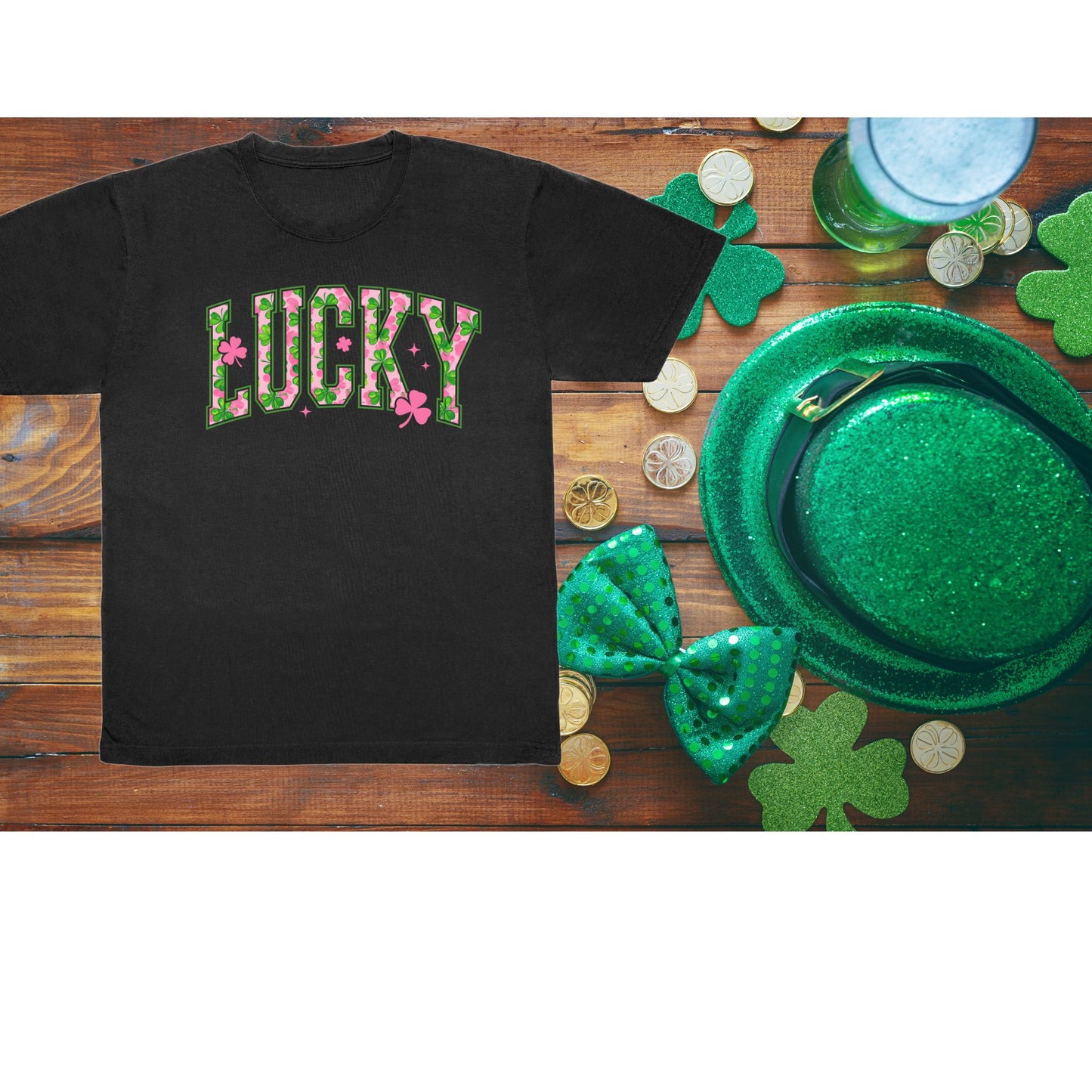 ADULT Pink and Green Varsity Letters Lucky DTF Print shirt