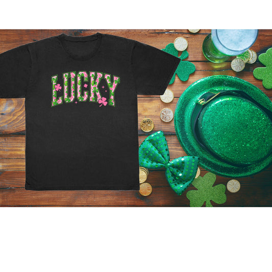 ADULT Pink and Green Varsity Letters Lucky DTF Print shirt