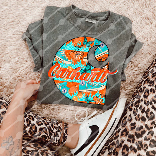 Bold Y2K Collage Tee – Orange and Turquoise Retro Graphic Shirt