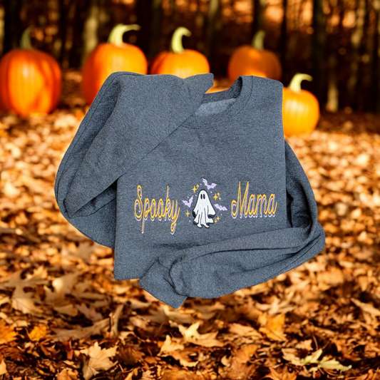 Halloween Embroidery Crewneck, Spooky Mama With Bats Ghost Halloween Sweatshirt, Gift For Mom Or Girlfriend