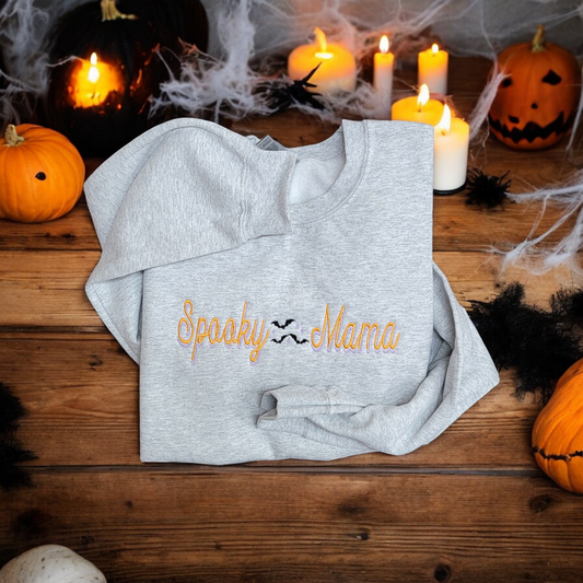 Halloween Embroidery Crewneck, Spooky Mama With Bats Halloween Sweatshirt, Gift For Mom Or Girlfriend