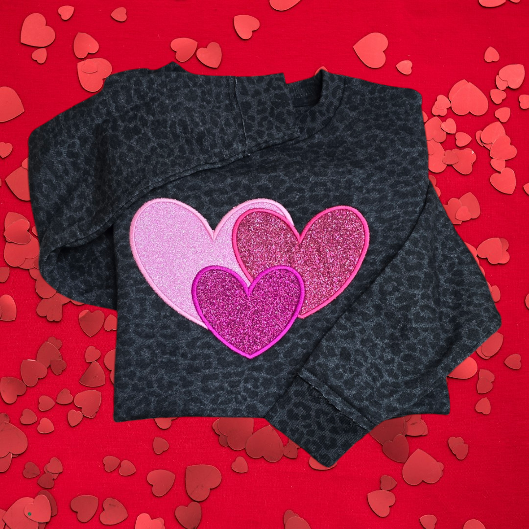 LAT Leopard print crewneck with vinyl Valentines day hearts