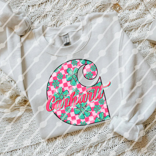 Pink Floral Checkered Sweatshirt – Turquoise Flower Graphic Crewneck