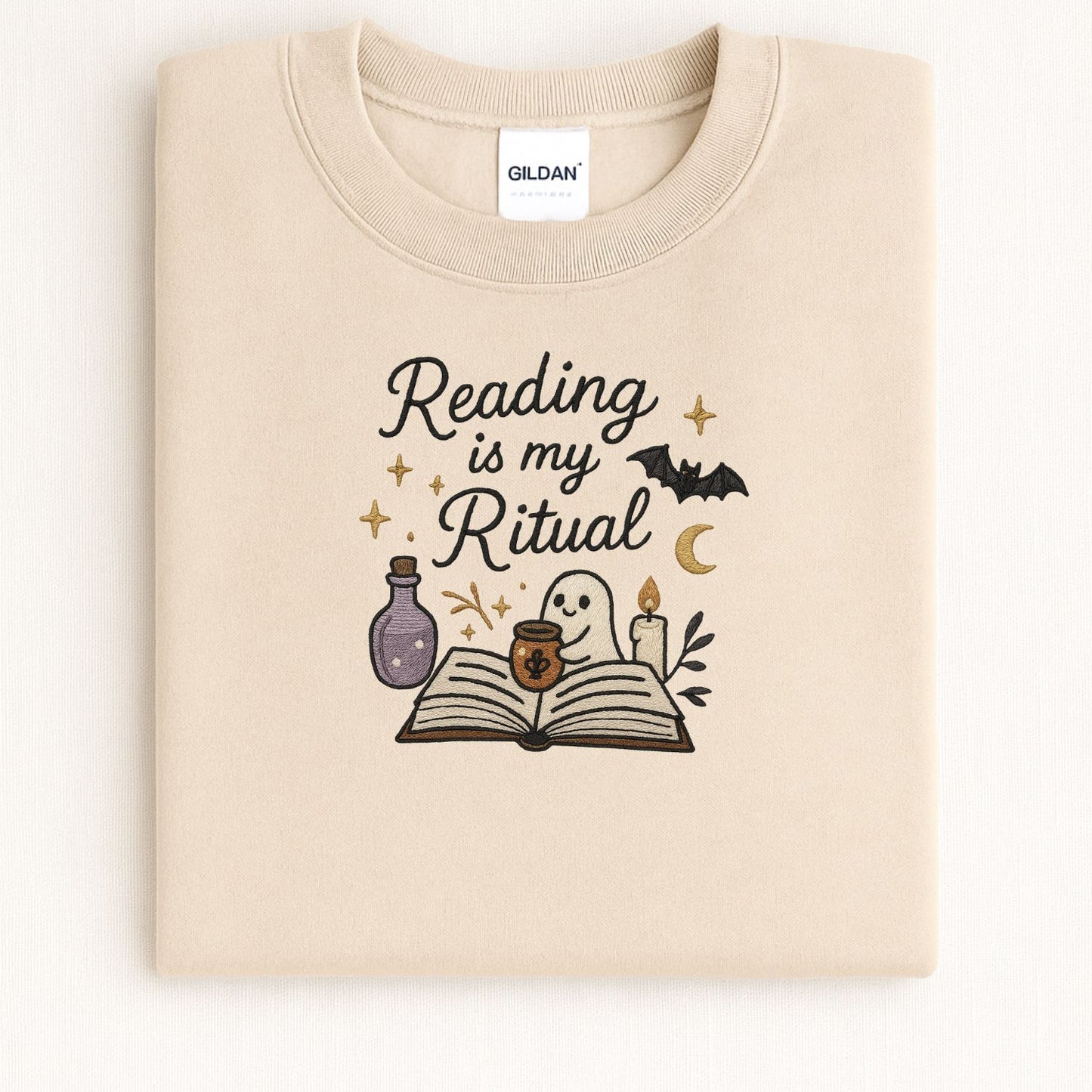 Reading Is My Ritual Ghost Embroidered Sweatshirt – Cozy Bookish Halloween Crewneck for Readers, Spooky Fall Book Lover Gift