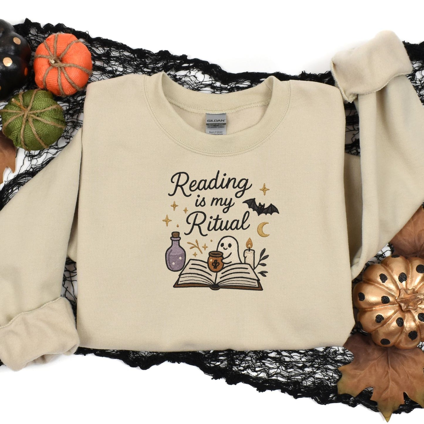 Reading Is My Ritual Ghost Embroidered Sweatshirt – Cozy Bookish Halloween Crewneck for Readers, Spooky Fall Book Lover Gift