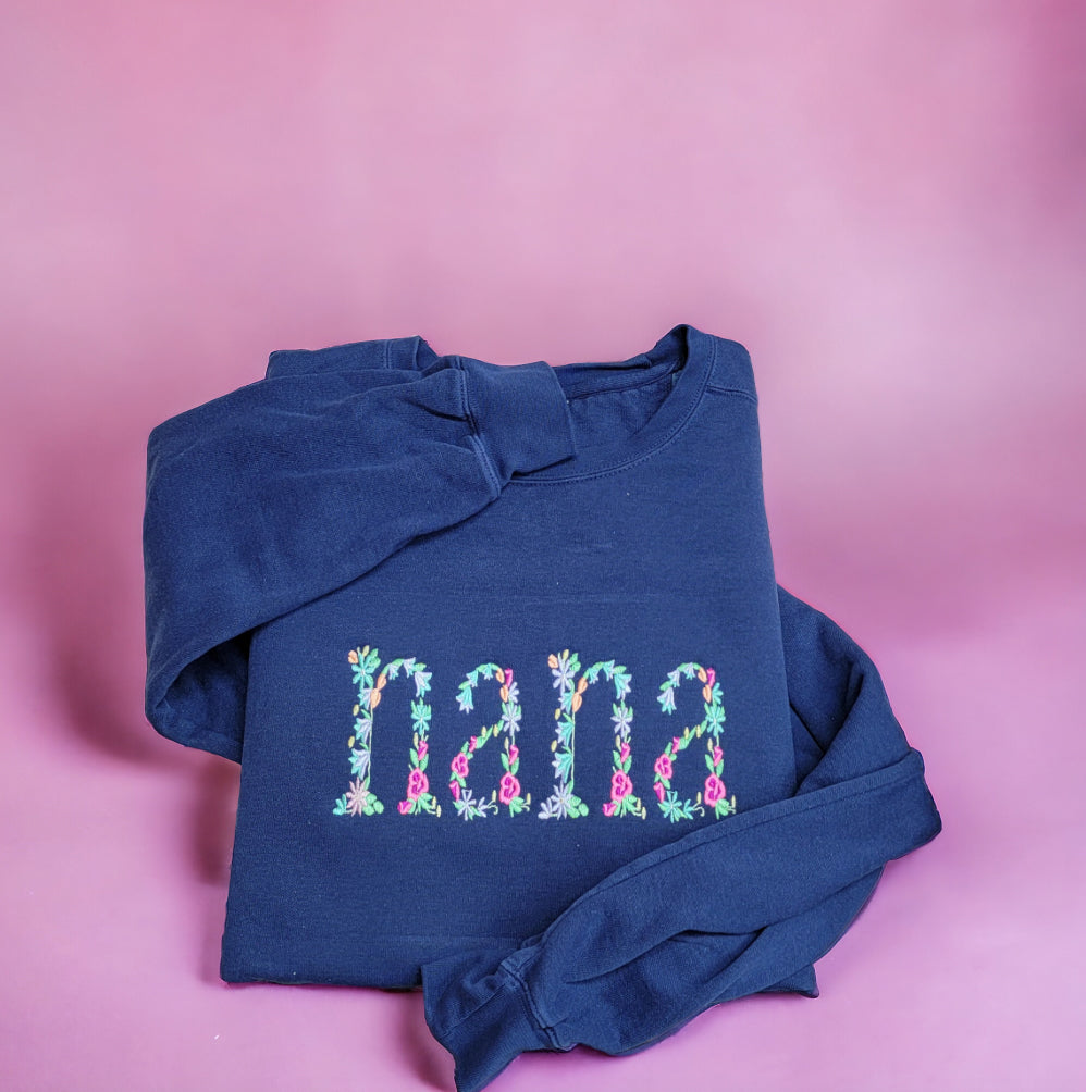 Floral Name Personalized Embroidery Crewneck Shirt, Gift For Mom, Daughter, Friend, Handmade Crewneck