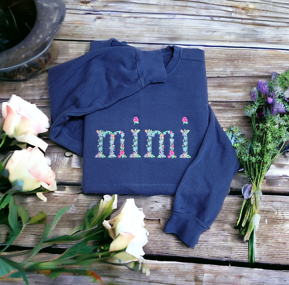 Floral Name Personalized Embroidery Crewneck Shirt, Gift For Mom, Daughter, Friend, Handmade Crewneck