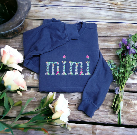 Floral Name Personalized Embroidery Crewneck Shirt, Gift For Mom, Daughter, Friend, Handmade Crewneck