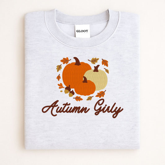 Autumn Girly Embroidered Sweatshirt – Cozy Fall Pullover with Pumpkins, Leaves & Acorns – Cute Cottagecore Aesthetic Gift