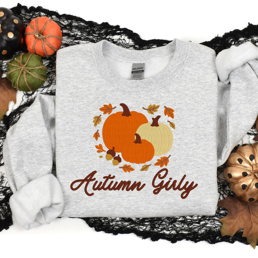Autumn Girly Embroidered Sweatshirt – Cozy Fall Pullover with Pumpkins, Leaves & Acorns – Cute Cottagecore Aesthetic Gift