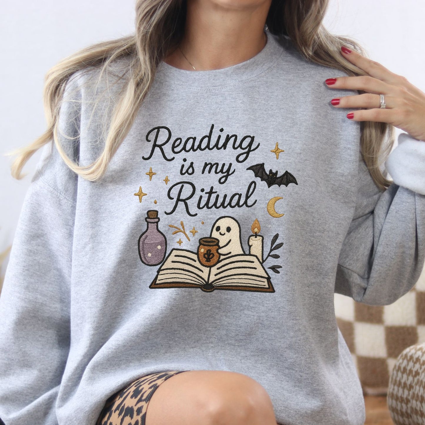 Reading Is My Ritual Ghost Embroidered Sweatshirt – Cozy Bookish Halloween Crewneck for Readers, Spooky Fall Book Lover Gift