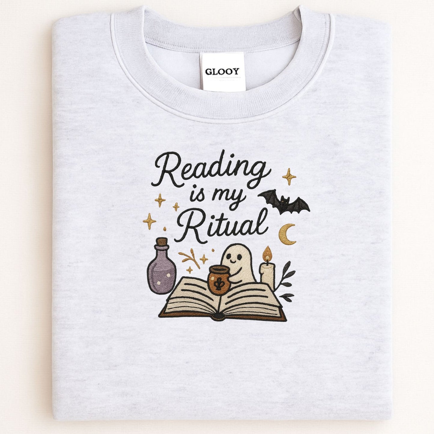 Reading Is My Ritual Ghost Embroidered Sweatshirt – Cozy Bookish Halloween Crewneck for Readers, Spooky Fall Book Lover Gift