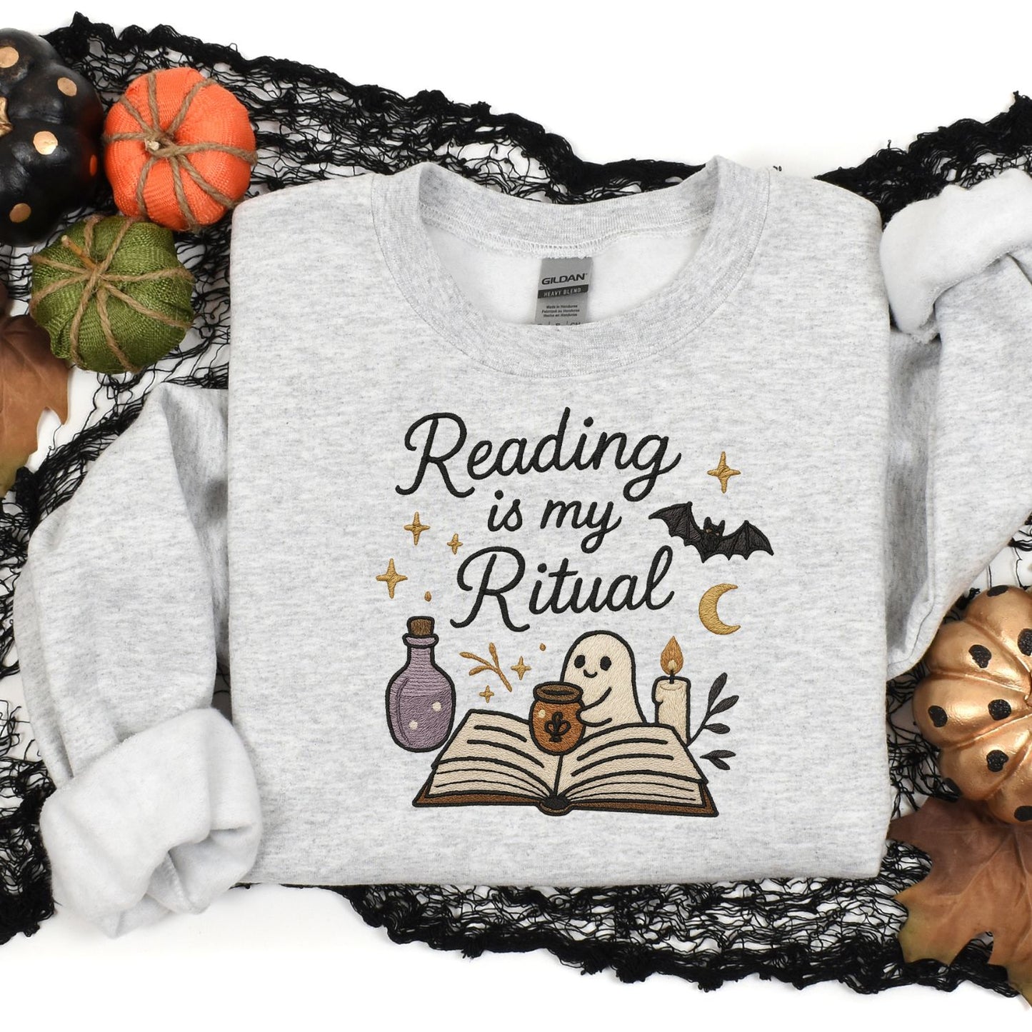 Reading Is My Ritual Ghost Embroidered Sweatshirt – Cozy Bookish Halloween Crewneck for Readers, Spooky Fall Book Lover Gift