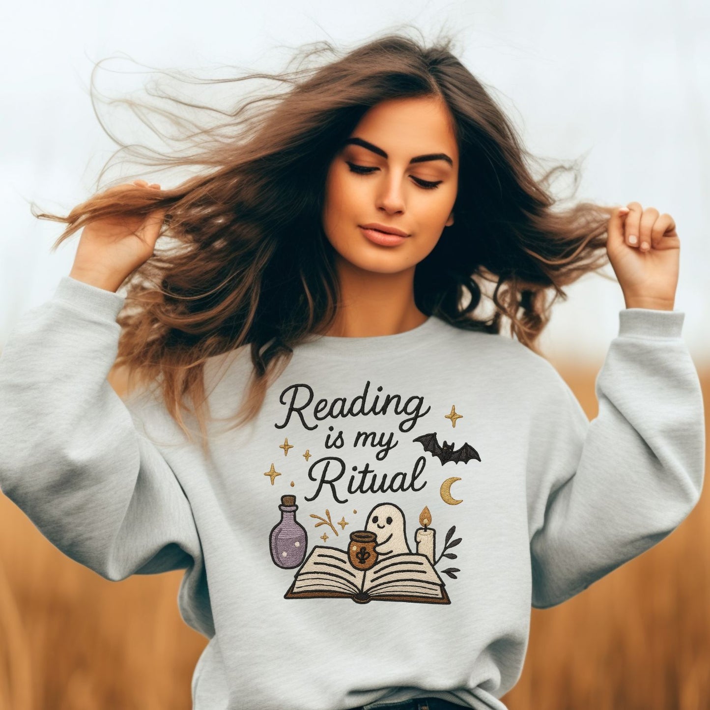Reading Is My Ritual Ghost Embroidered Sweatshirt – Cozy Bookish Halloween Crewneck for Readers, Spooky Fall Book Lover Gift