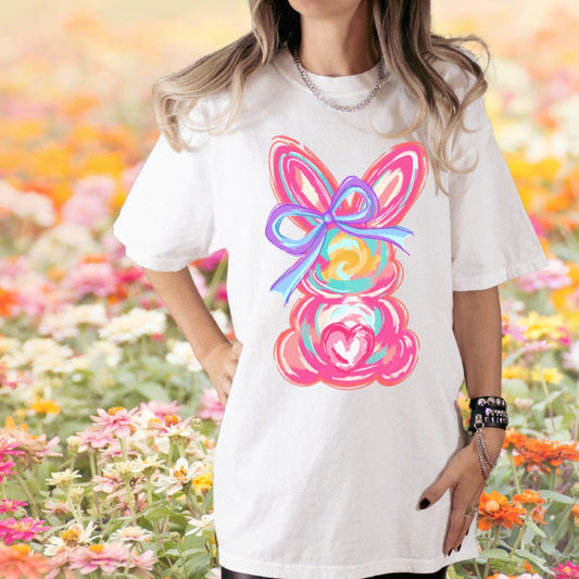 Easter Water color pink bunny with bow DTF Print shirt