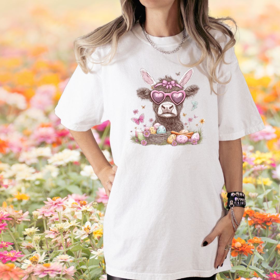Easter Highland Cow with Bunny ears DTF Print shirt
