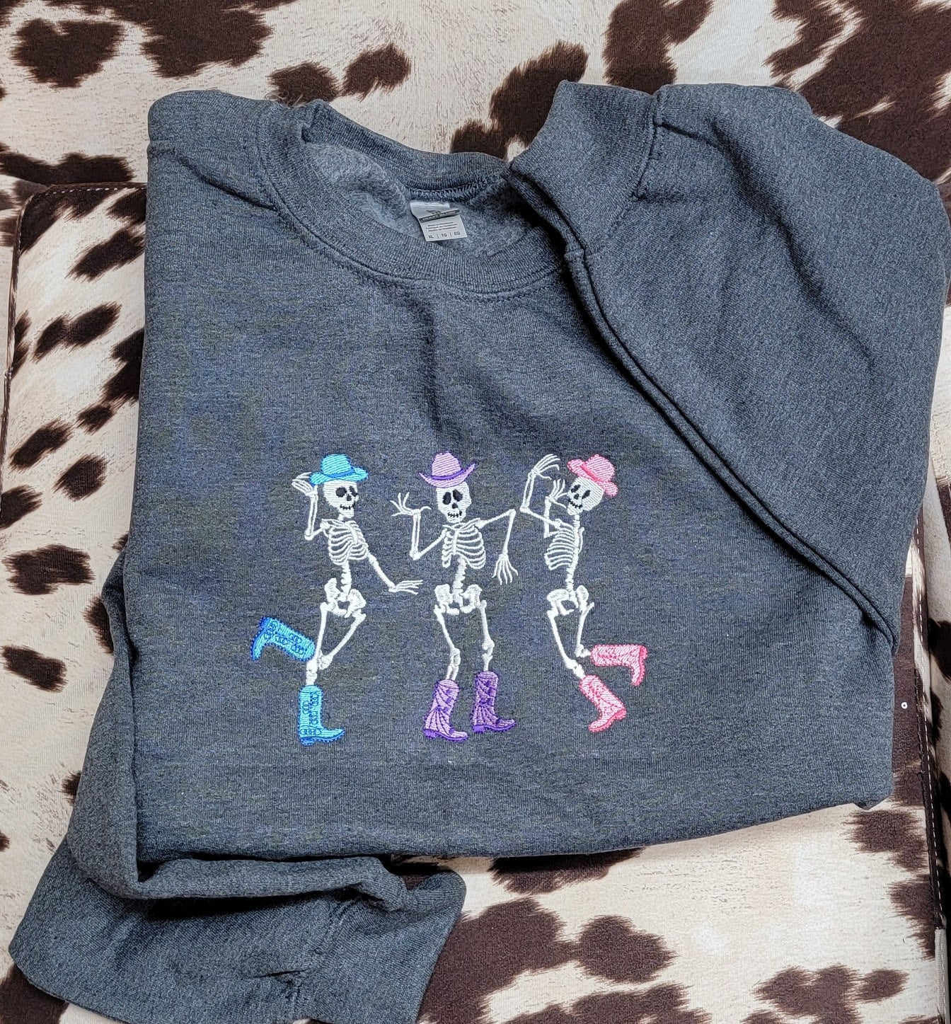 Dancing Skeletons Embroidered Sweatshirt - Western Halloween Crewneck - Cowboy Skeleton Fall Shirt - Spooky Season Cozy Pullover