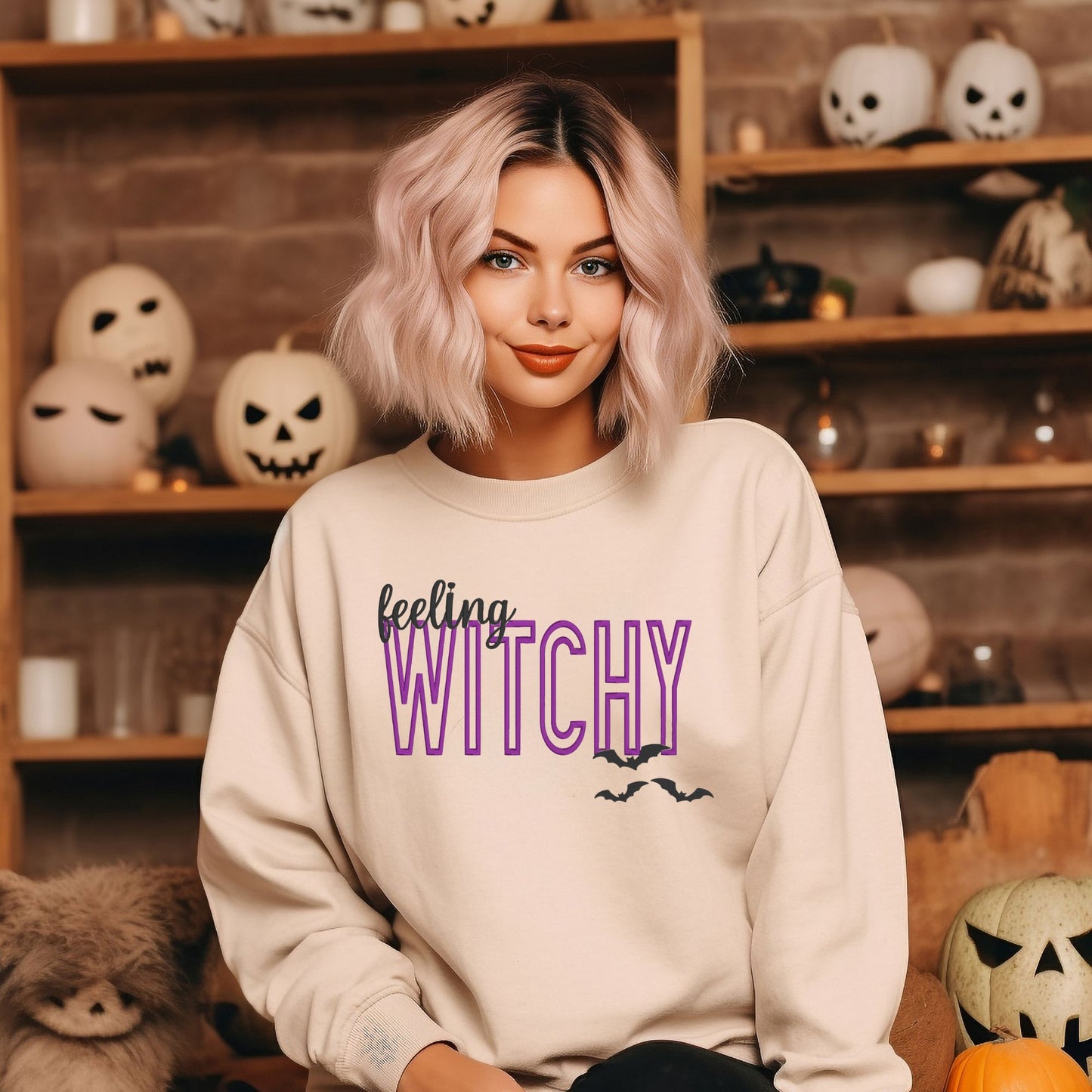 Feeling Witchy Puff Embroidery Halloween sweatshirt