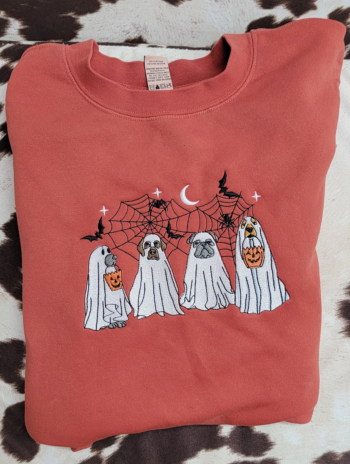 Dogs Halloween Embroidery Crewneck, Halloween Sweatshirt Dogs in Ghost Costume, Gift For Mom Or Girlfriend