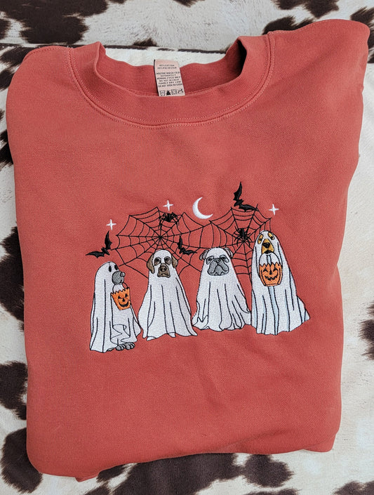 Dogs Halloween Embroidery Crewneck, Halloween Sweatshirt Dogs in Ghost Costume, Gift For Mom Or Girlfriend