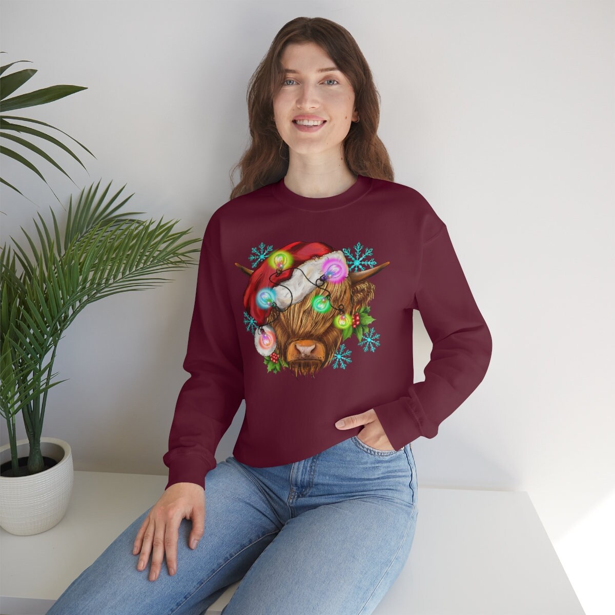 Highland cow Christmas, cute cow christmas shirt, highland cow shirt, long sleeve highland cow shirt, cow christmas light shirt