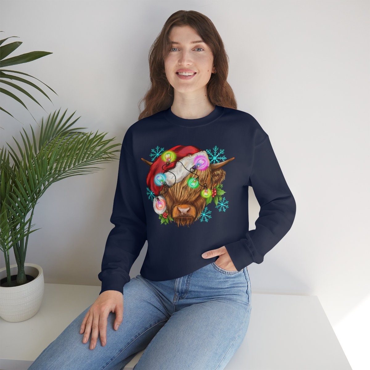 Highland cow Christmas, cute cow christmas shirt, highland cow shirt, long sleeve highland cow shirt, cow christmas light shirt
