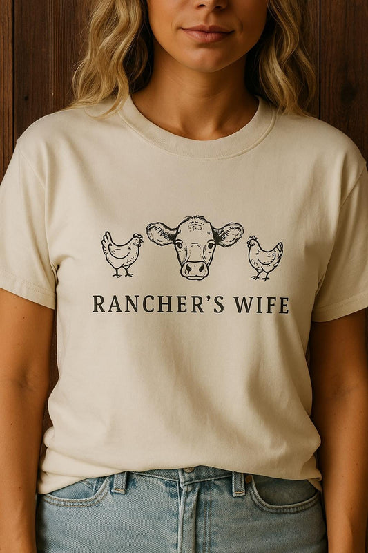 Rancher’s Wife Embroidered T-shirt, Western Farm Wife Gift, Cow and Chicken Ranch Life shirt, Comfort Colors embroidery, Homestead Apparel
