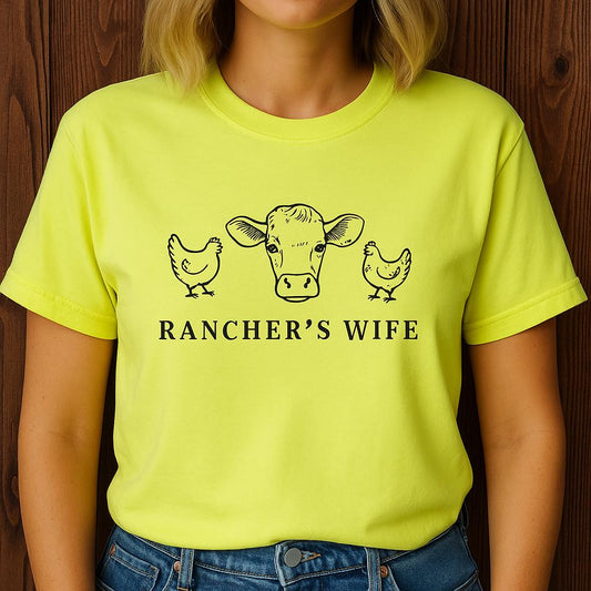 Rancher’s Wife Embroidered T-shirt, Western Farm Wife Gift, Cow and Chicken Ranch Life shirt, Comfort Colors embroidery, Homestead Apparel