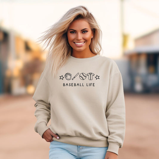 Baseball Life Embroidered Sweatshirt, Baseball Mom Crewneck, Game Day Graphic Icons, Softball Life Shirt, Comfort Fit Baseball Fan Apparel
