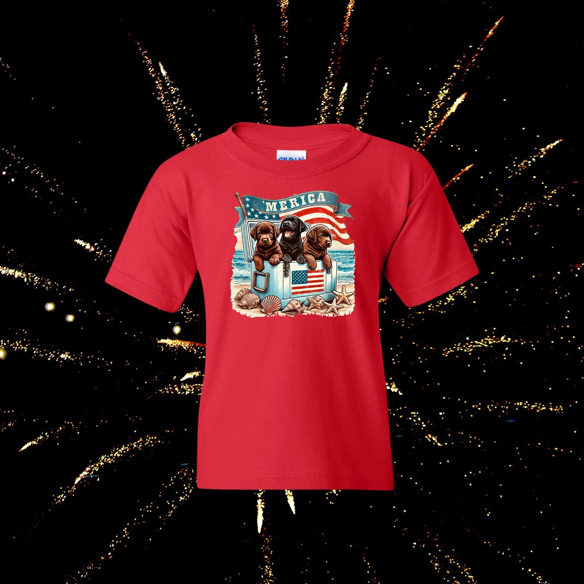 Merica Dogs Shirt - Patriotic Beach Dog Tee - 4th of July Labrador Shirt - USA Puppy Graphic T-Shirt - American Flag Summer Tee