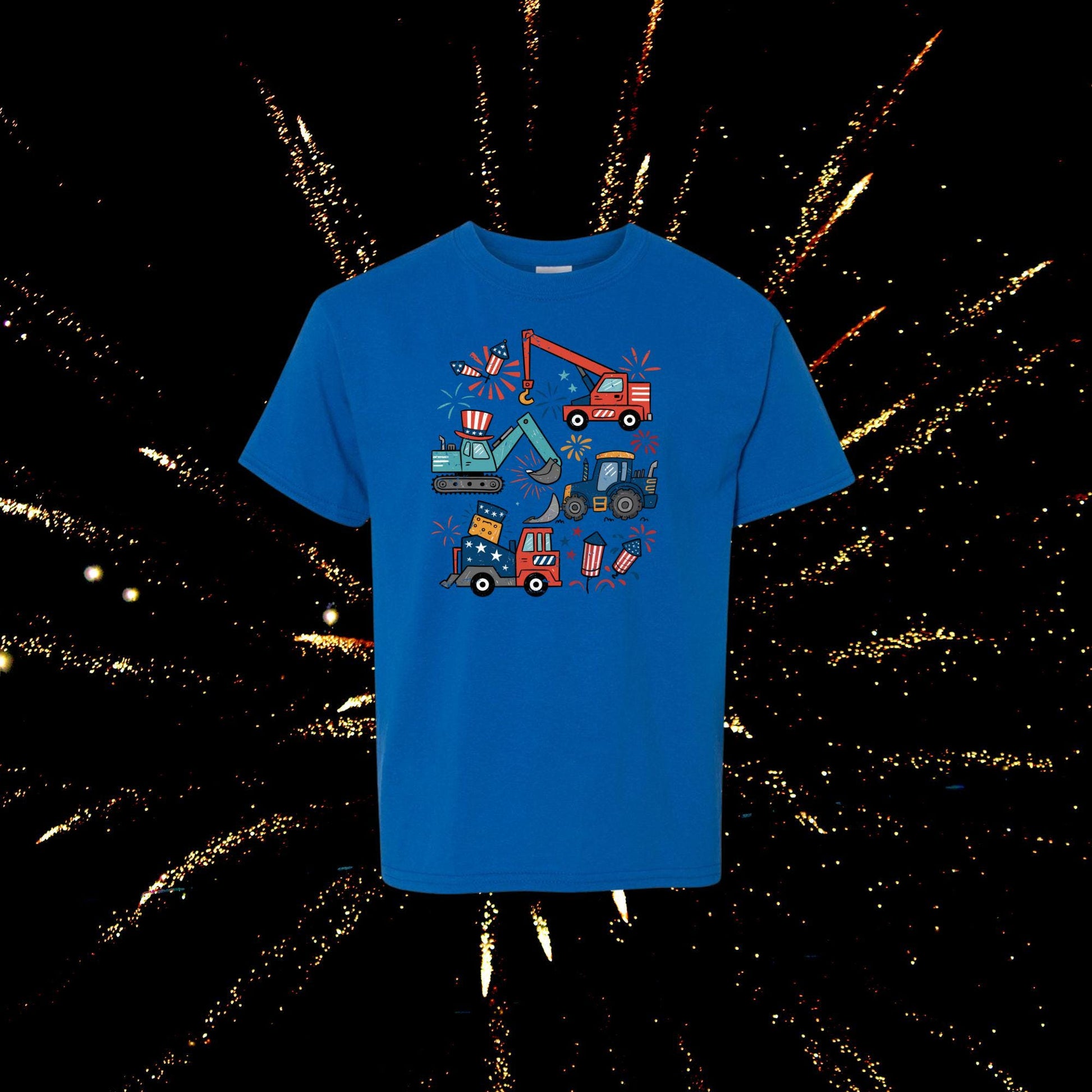 4th of July Construction Truck Kids Shirt - Patriotic Boys Graphic Tee - Red White and Blue Trucks T-Shirt - Fireworks Holiday Shirt