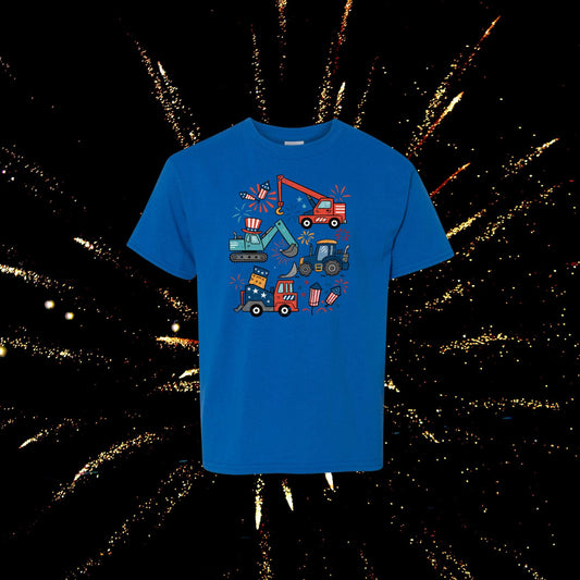 4th of July Construction Truck Kids Shirt - Patriotic Boys Graphic Tee - Red White and Blue Trucks T-Shirt - Fireworks Holiday Shirt