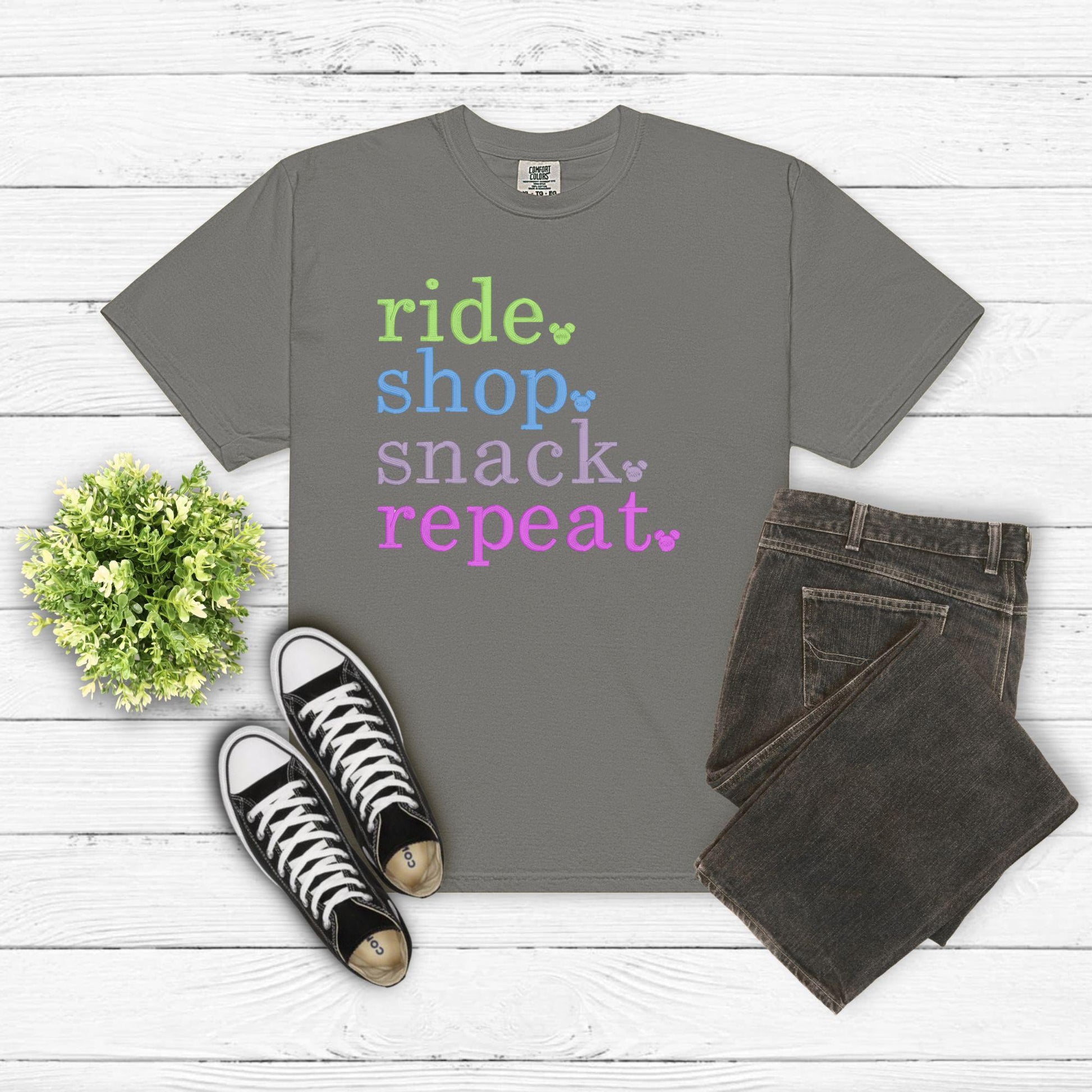 Ride Shop Snack Repeat Embroidered Shirt - Theme Park Embroidery Tee - Magical Vacation Comfort Colors Shirt - Park Day Unisex T-Shirt