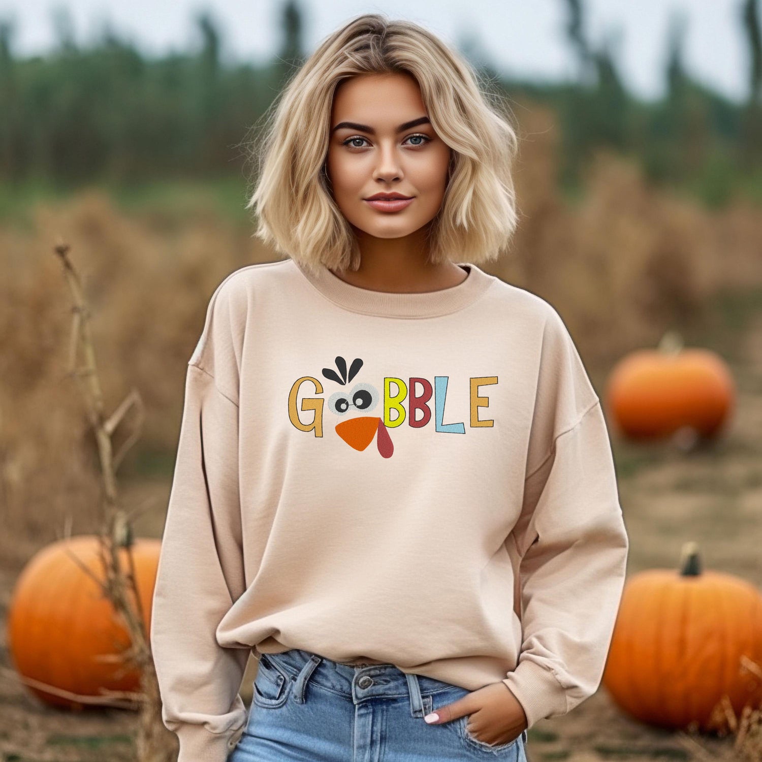 Gobble Embroidered Sweatshirt - Cute Thanksgiving Turkey Shirt - Fall Holiday Embroidery Crewneck - Cozy Turkey Day Pullover