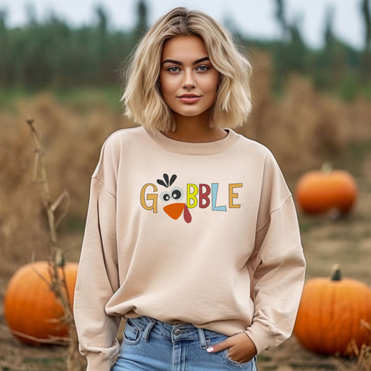Gobble Embroidered Sweatshirt - Cute Thanksgiving Turkey Shirt - Fall Holiday Embroidery Crewneck - Cozy Turkey Day Pullover