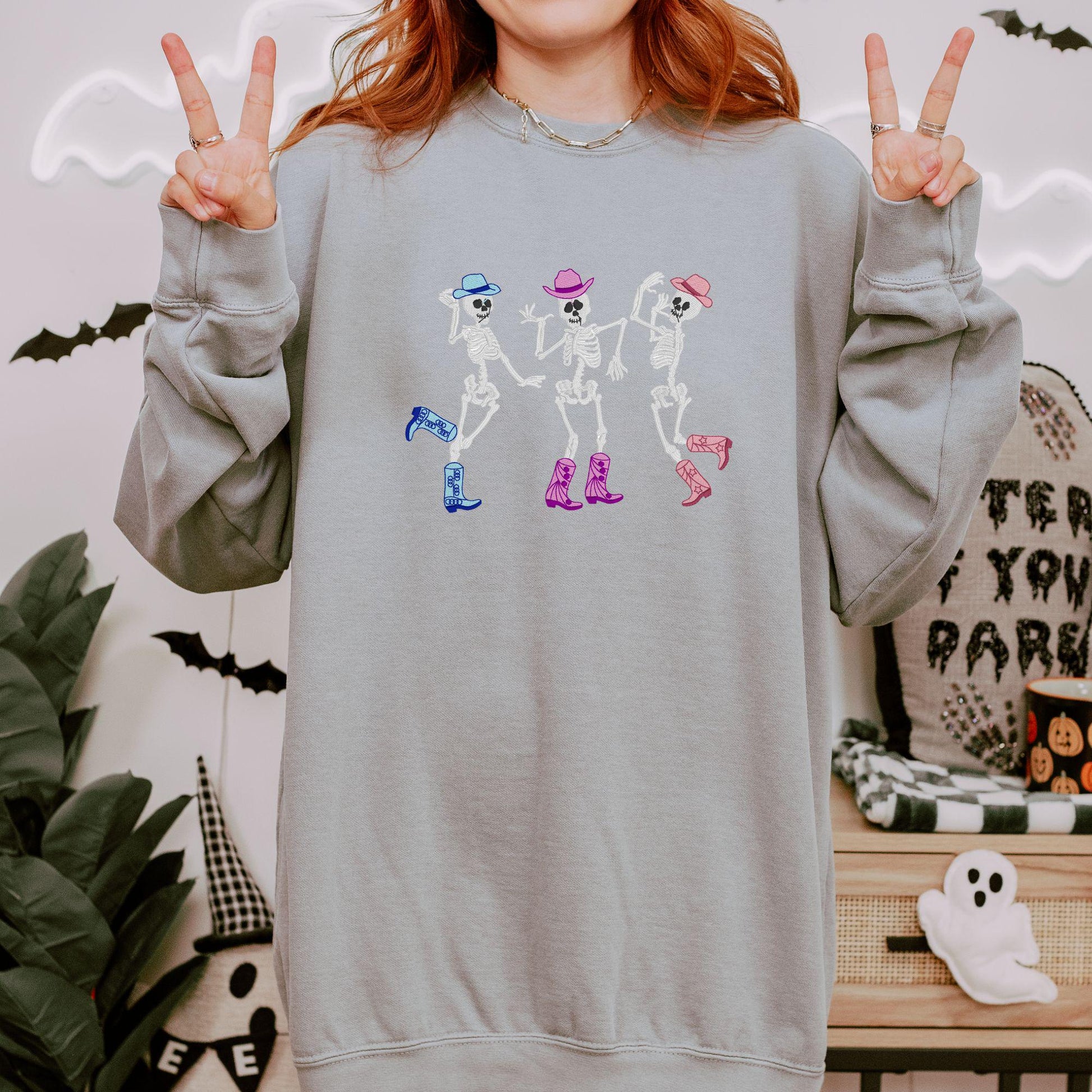 Dancing Skeletons Embroidered Sweatshirt - Western Halloween Crewneck - Cowboy Skeleton Fall Shirt - Spooky Season Cozy Pullover