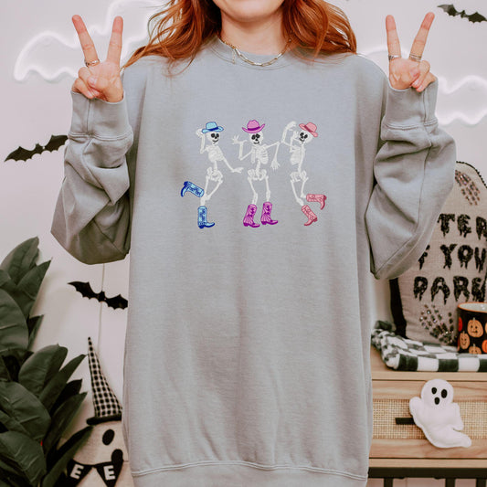 Dancing Skeletons Embroidered Sweatshirt - Western Halloween Crewneck - Cowboy Skeleton Fall Shirt - Spooky Season Cozy Pullover