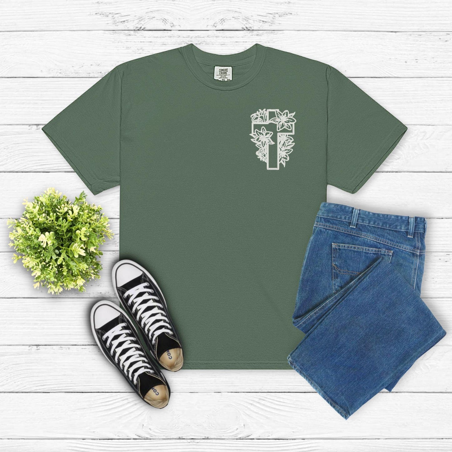 Lily Cross Embroidered Shirt - Christian Faith Floral Tee - Comfort Colors Religious Shirt - Cross and Flower Embroidery