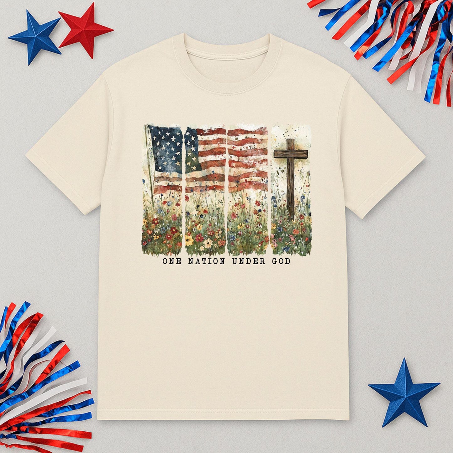 One Nation Under God Graphic Tee - Christian Patriotic T-Shirt - Faith and Flag Shirt - 4th of July USA Cross Tee - Floral Americana Shirt