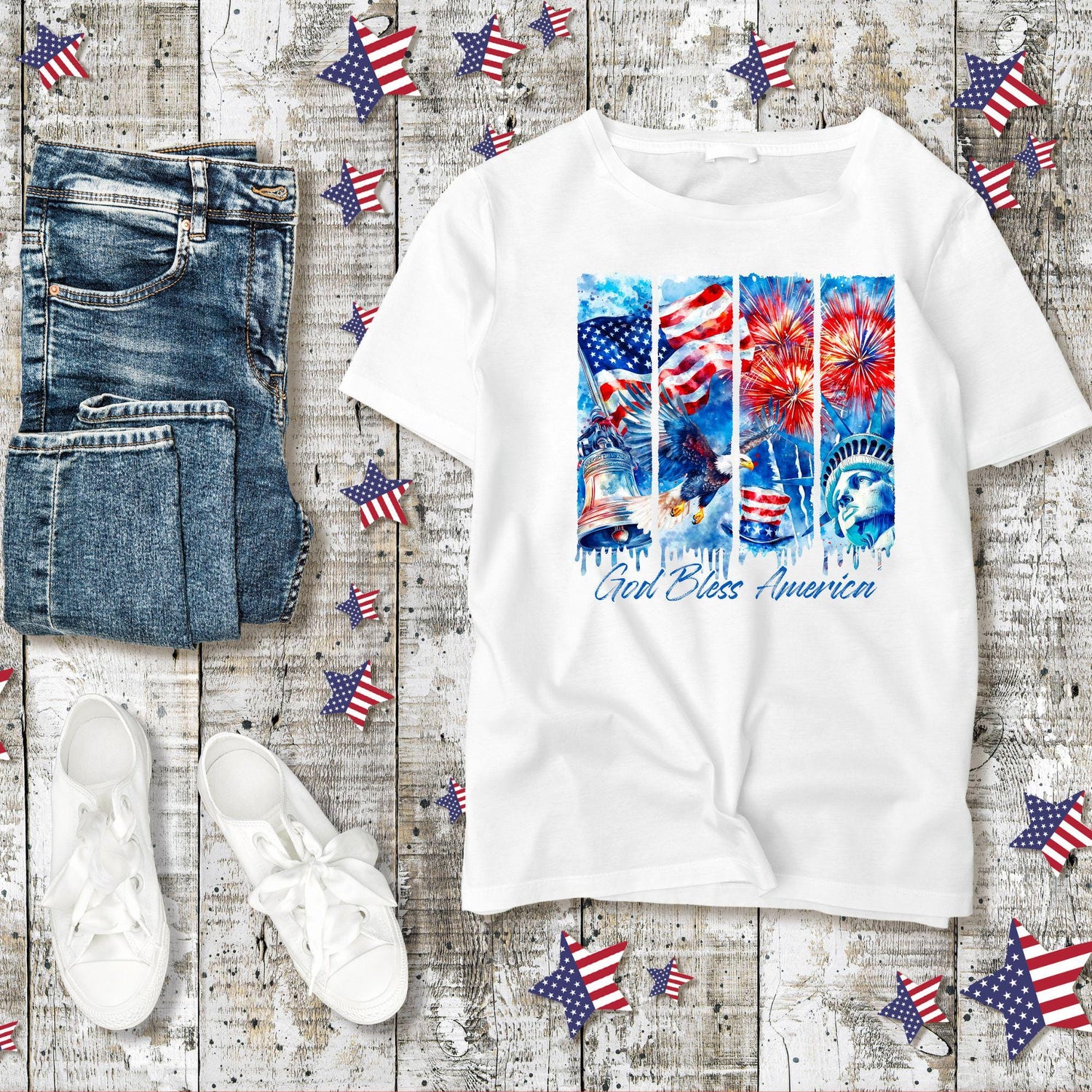 God Bless America Graphic Tee - Patriotic July 4th Shirt - Fireworks & Liberty Bell T-Shirt - Red White Blue Independence Day USA Tee