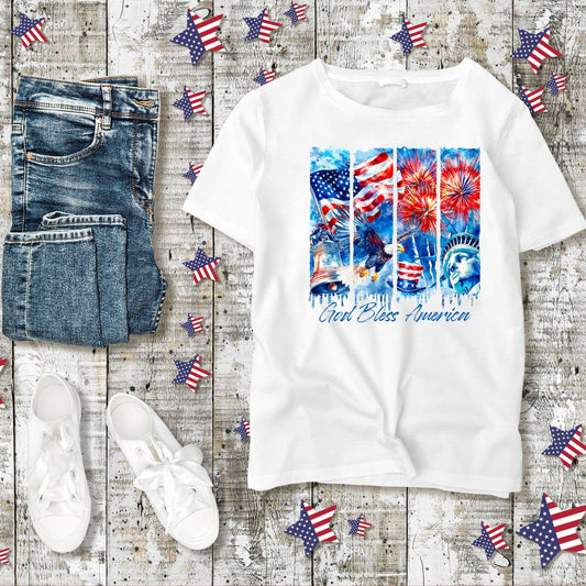 God Bless America Graphic Tee - Patriotic July 4th Shirt - Fireworks & Liberty Bell T-Shirt - Red White Blue Independence Day USA Tee