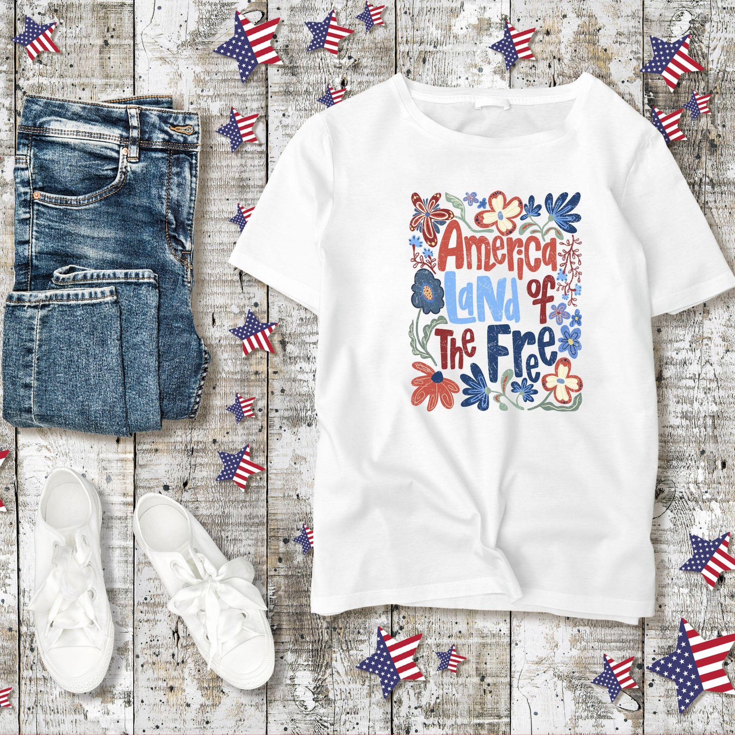 America Land of the Free T-Shirt - Patriotic Floral Graphic Tee - July 4th Shirt - Red White and Blue USA Tee - Vintage Americana Shirt
