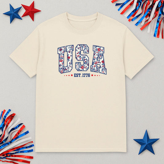 USA Floral Graphic Tee – Est. 1776 Patriotic Shirt – Red White and Blue T-Shirt – 4th of July Shirt – Vintage Americana Graphic Tee
