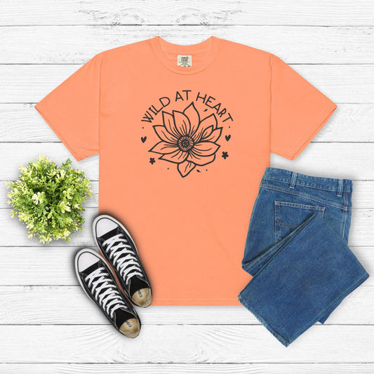Wild at Heart Embroidered T-Shirt – Floral Line Art Shirt – Minimalist Nature-Inspired Tee – Boho Botanical Embroidery Shirt