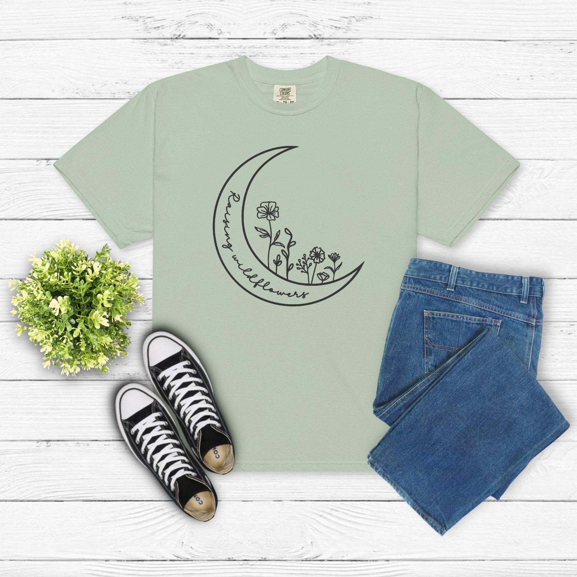 Raising Wildflowers Embroidered Shirt – Crescent Moon Floral Embroidery Tee – Gentle Parenting Shirt – Minimal Nature Design – Gift for Moms