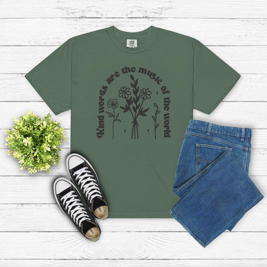 Kind Words Embroidered Shirt – Positive Quote Floral Tee – "Kind Words Are the Music of the World" – Nature Embroidery – Kindness Gift Tee
