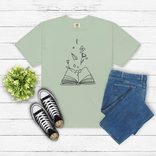 Minimalist Book Embroidered Shirt – Reader Gift Tee – Bookish Line Art Shirt – Literary Aesthetic Tee – Plant Lover & Bookworm Shirt