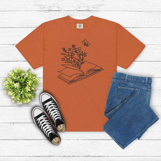 Floral Book Embroidered Shirt – Botanical Reading Tee – Book Lover Gift – Garden Bloom Book Aesthetic – Literary Embroidery T-Shirt